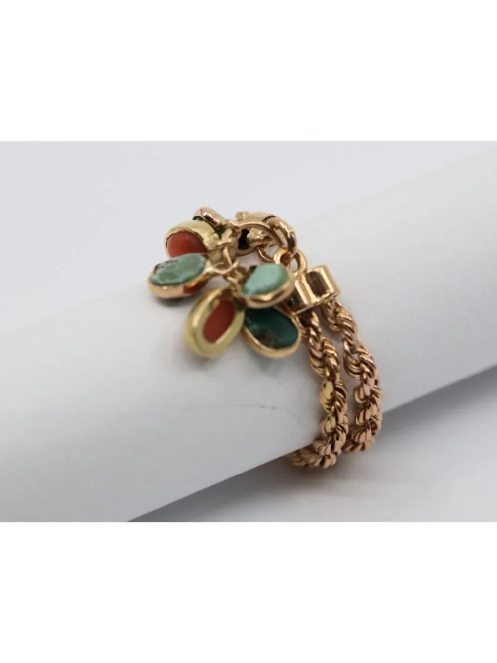 18K Solid Yellow Gold Coral & Turquoise Dangle Double Rope Chain Ring -Size 9.50